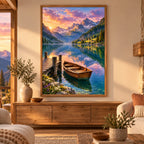 Mountain lake rowboat diamond painting displayed in a framed home decor scene