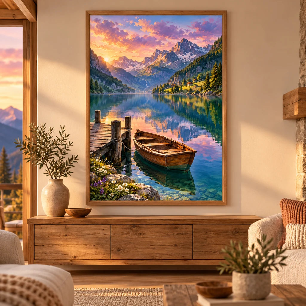 Mountain lake rowboat diamond painting displayed in a framed home decor scene