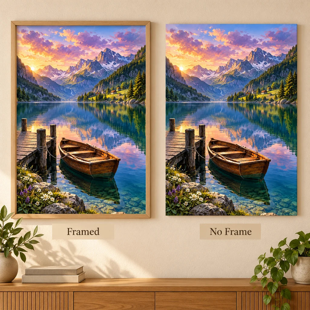 Mountain lake rowboat diamond painting shown framed and without a frame