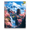 Mountain Pagoda and Cherry Blossom Waterfall paint by numbers artwork on a front-facing canvas against a white background