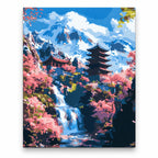 Mountain Pagoda and Cherry Blossom Waterfall paint by numbers artwork on a front-facing canvas against a white background