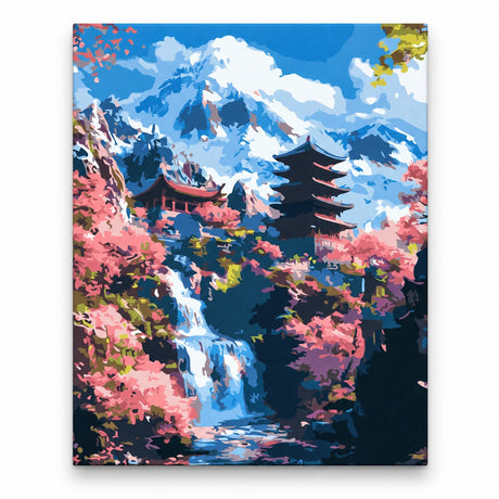 Mountain Pagoda and Cherry Blossom Waterfall paint by numbers artwork on a front-facing canvas against a white background