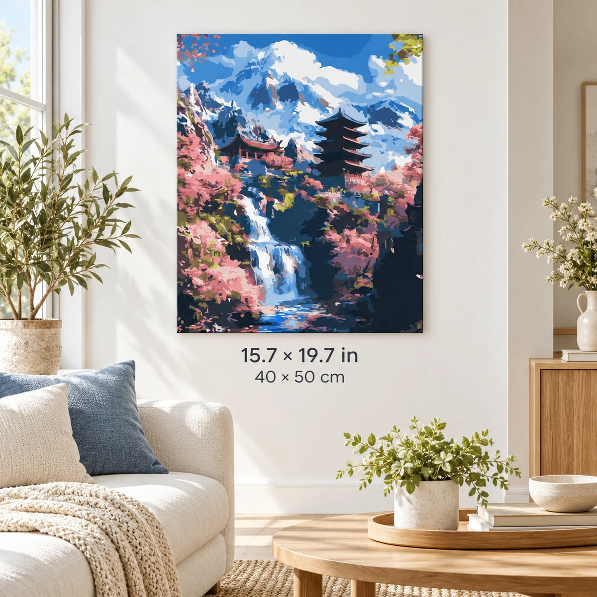 Mountain Pagoda and Cherry Blossom Waterfall shown in a styled room with 15.7 × 19.7 in and 40 × 50 cm dimensions