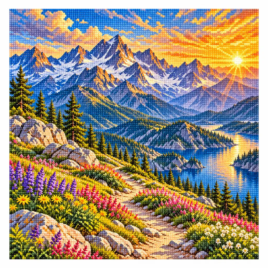 Finished diamond painting of a flower-lined mountain trail, alpine lake, and peaks on a white background.