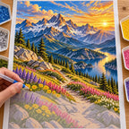 A hand places drills on the Mountain Pass wildflowers diamond painting canvas.