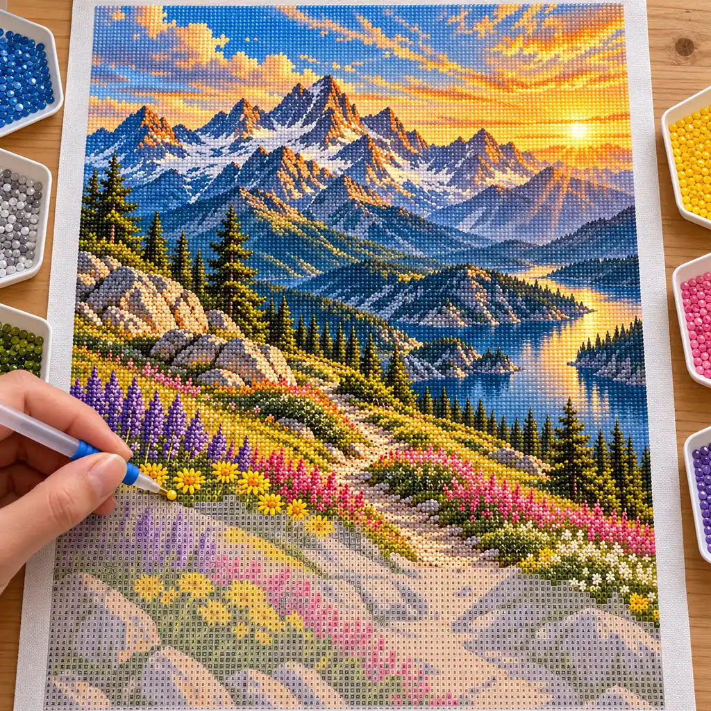 A hand places drills on the Mountain Pass wildflowers diamond painting canvas.