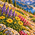 Close-up of faceted drills in the alpine wildflowers beside the blue mountain lake.