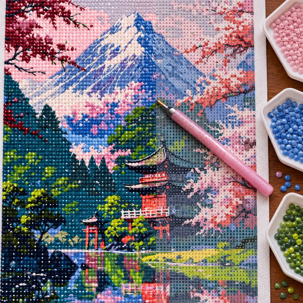 Diamond painting process for Mountain Shrine In Bloom Diamond Painting Kit