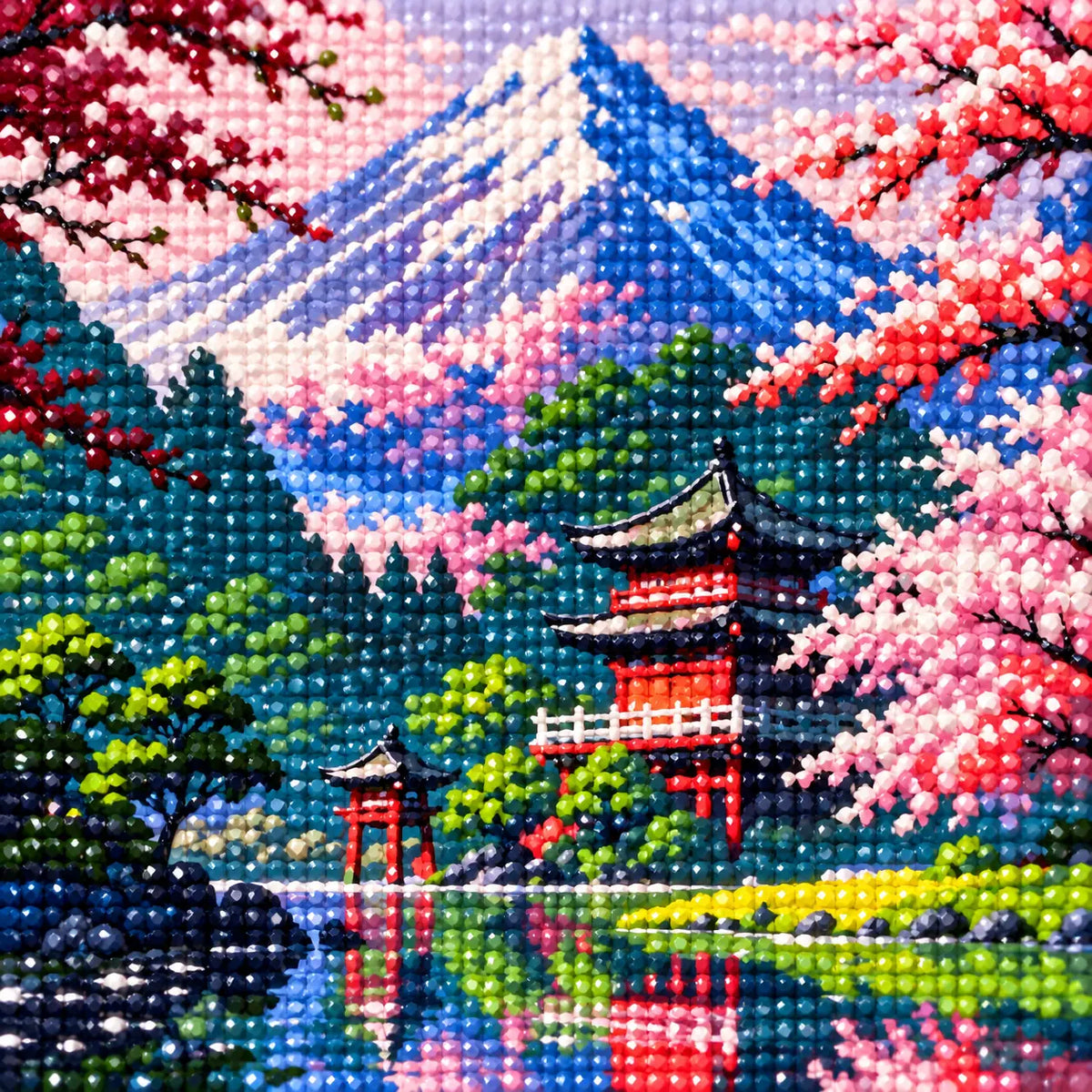 Diamond detail for Mountain Shrine In Bloom Diamond Painting Kit