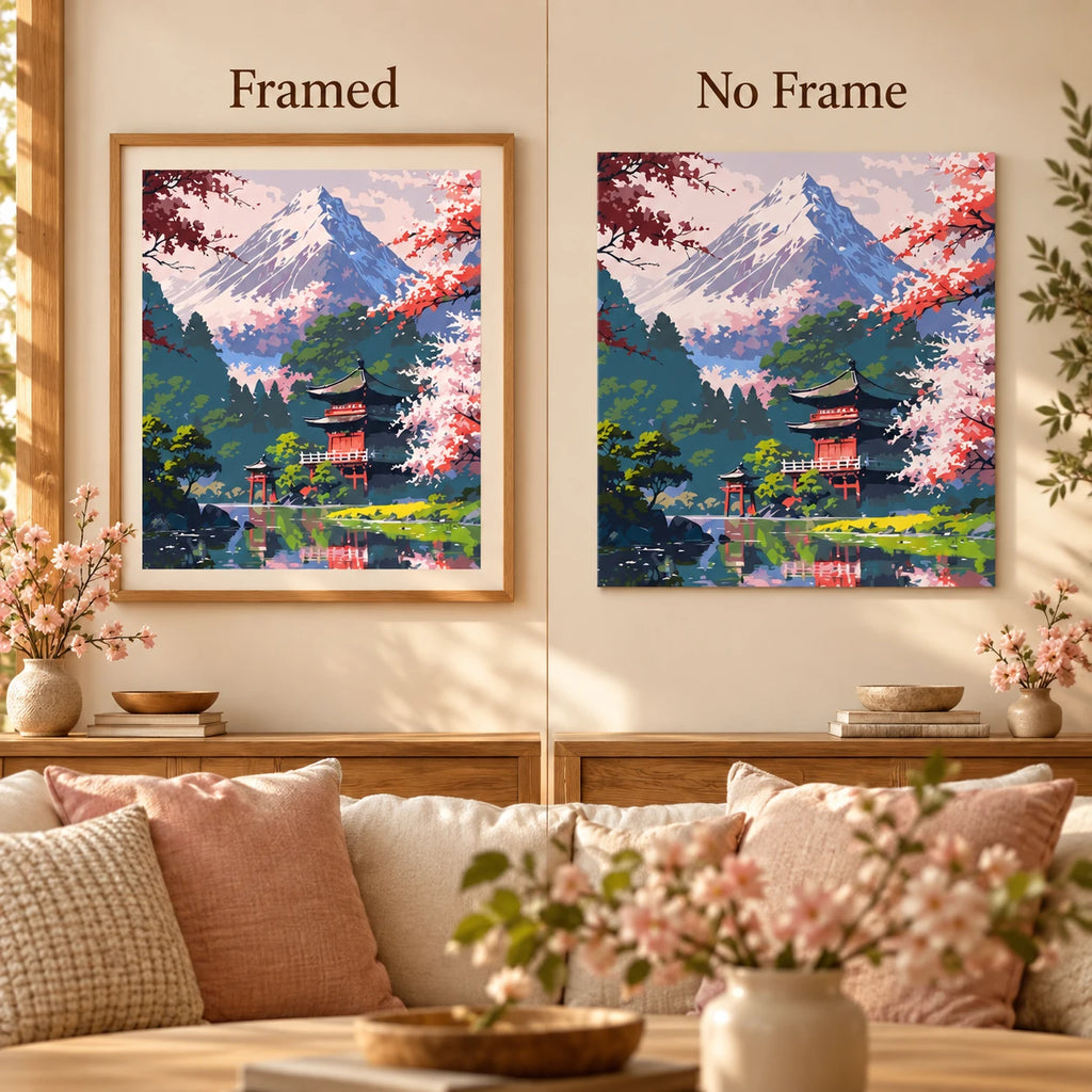 Framed and no-frame comparison for Mountain Shrine In Bloom Diamond Painting Kit