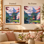 Framed and no-frame comparison for Mountain Shrine In Bloom Diamond Painting Kit