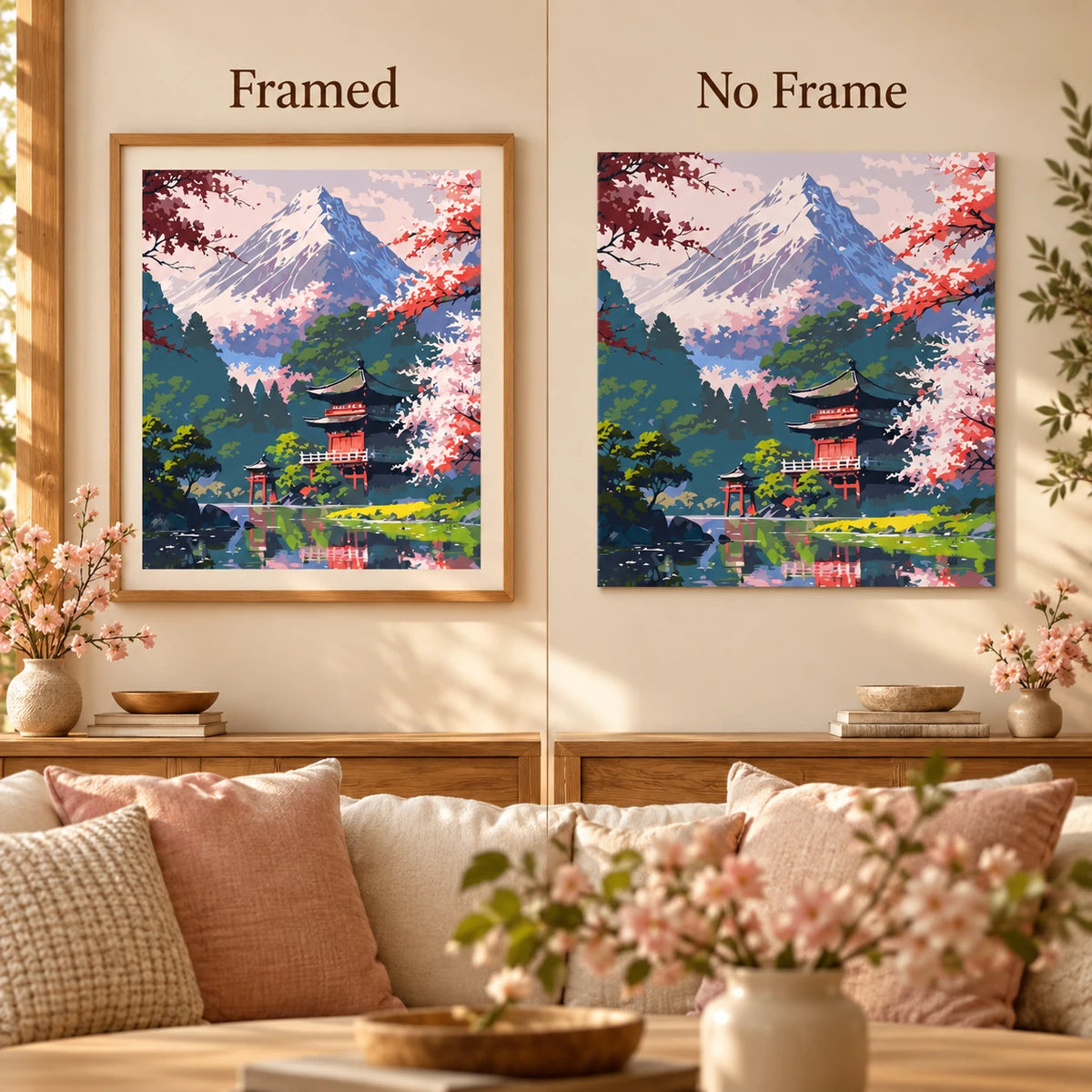Framed and no-frame comparison for Mountain Shrine In Bloom Diamond Painting Kit