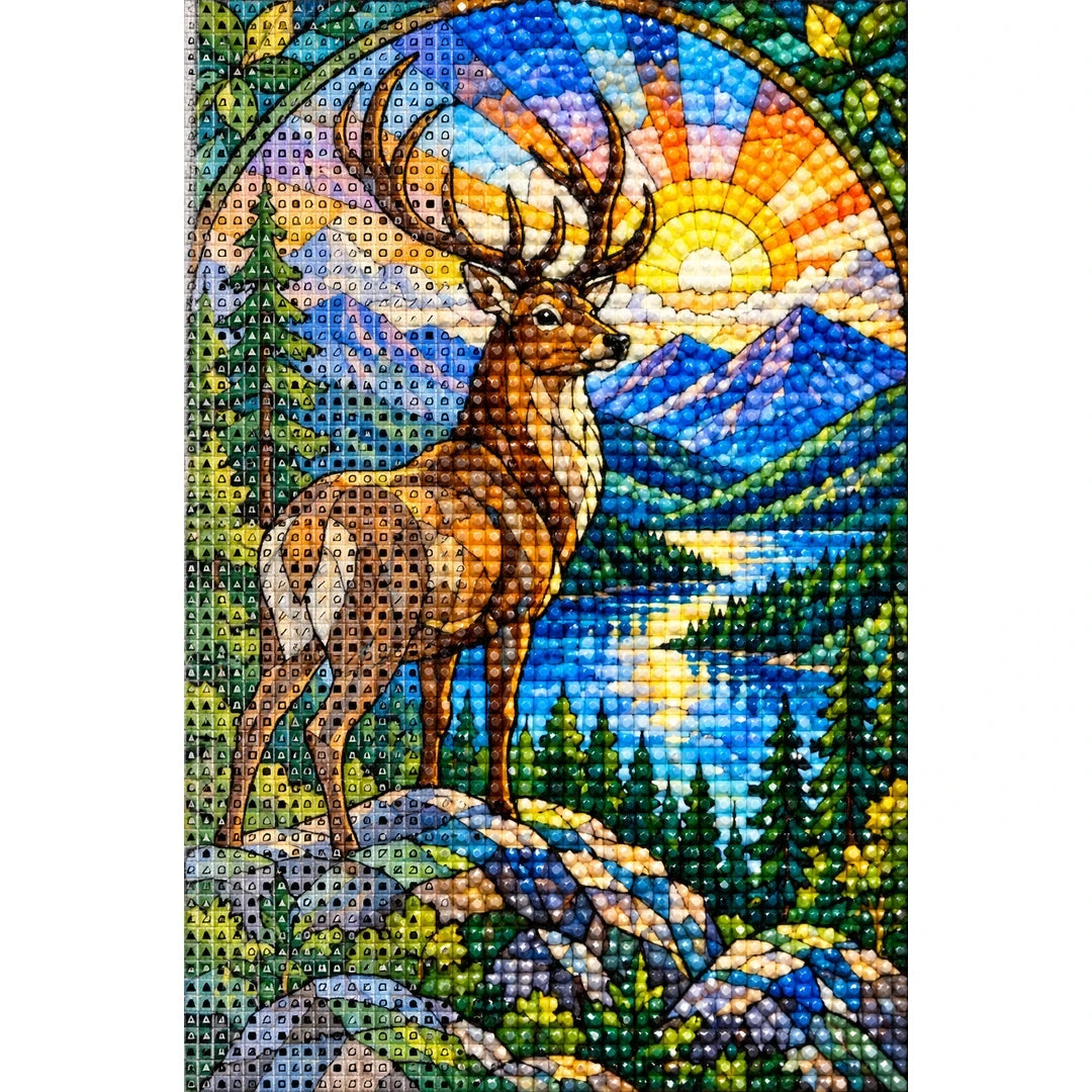 Mountain Stag Sunrise Diamond Painting Kit — canvas and drill material detail