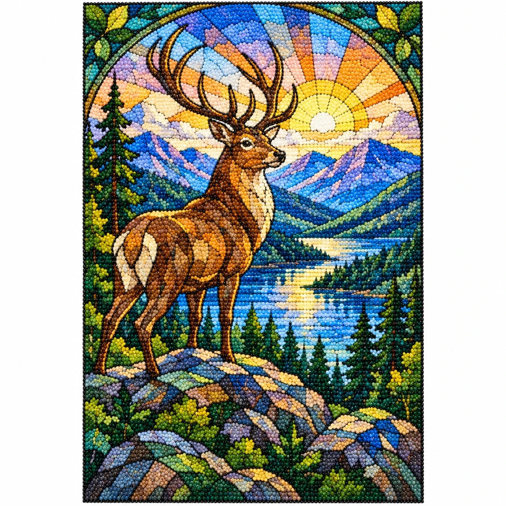 Mountain Stag Sunrise Diamond Painting Kit — finished diamond painting on white background