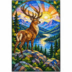 Mountain Stag Sunrise Diamond Painting Kit — finished diamond painting on white background