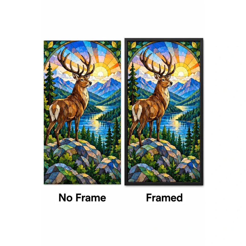 Mountain Stag Sunrise Diamond Painting Kit — No Frame and Framed style comparison