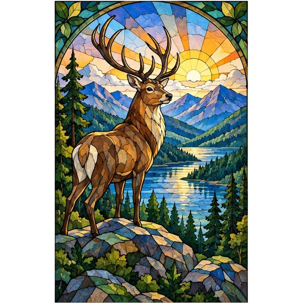 Mountain Stag Sunrise Diamond Painting Kit — original white-background artwork
