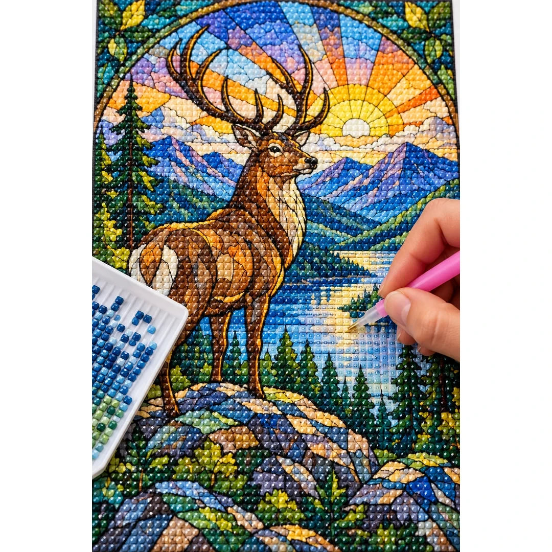 Mountain Stag Sunrise Diamond Painting Kit — diamond painting application process