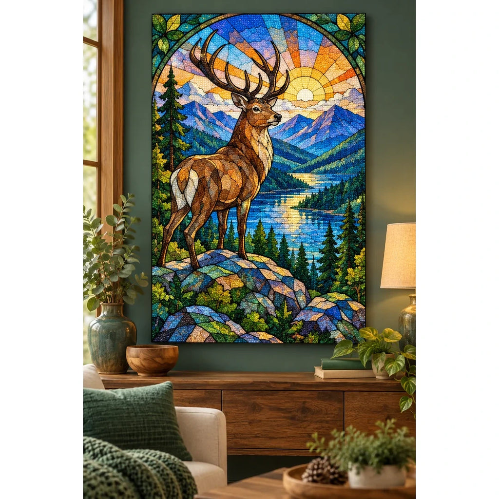 Mountain Stag Sunrise Diamond Painting Kit — finished diamond painting in a home setting