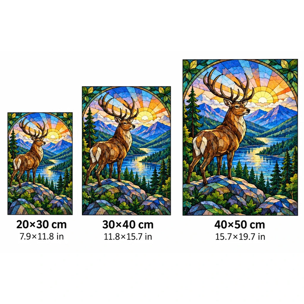 Mountain Stag Sunrise Diamond Painting Kit — 20 by 30, 30 by 40, and 40 by 50 centimeter size guide