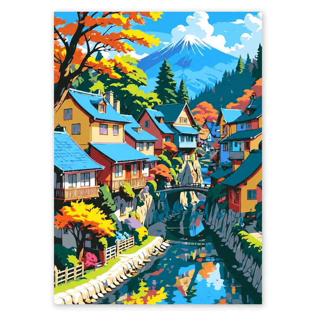 Original artwork for Mountain Village Reflections Diamond Painting Kit, featuring its landscape design.