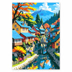 Original artwork for Mountain Village Reflections Diamond Painting Kit, featuring its landscape design.