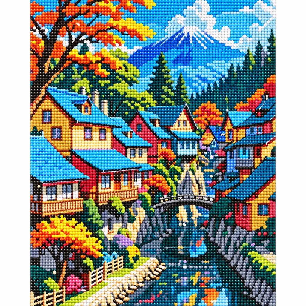 Finished diamond painting of Mountain Village Reflections, showing the complete artwork.