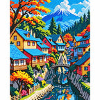 Finished diamond painting of Mountain Village Reflections, showing the complete artwork.