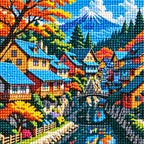 Close-up of the sparkling drill texture in the Mountain Village Reflections diamond painting.