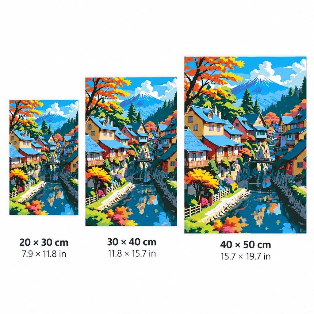 Size guide for Mountain Village Reflections Diamond Painting Kit: 20 × 30, 30 × 40, and 40 × 50 cm.