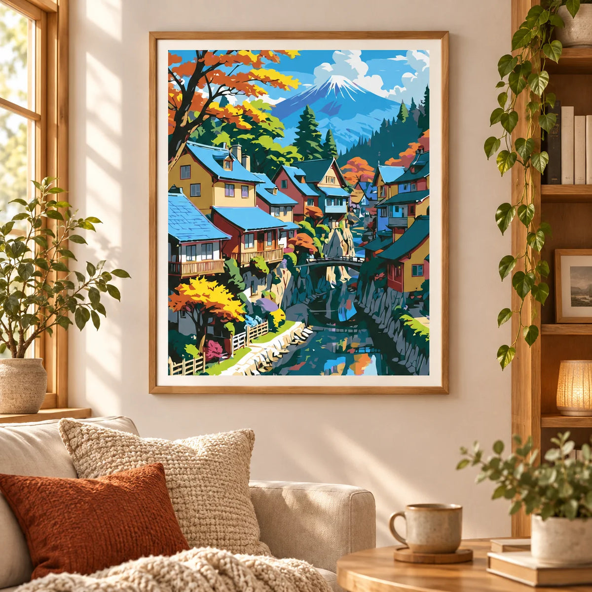 Mountain Village Reflections diamond painting displayed as home wall decor.