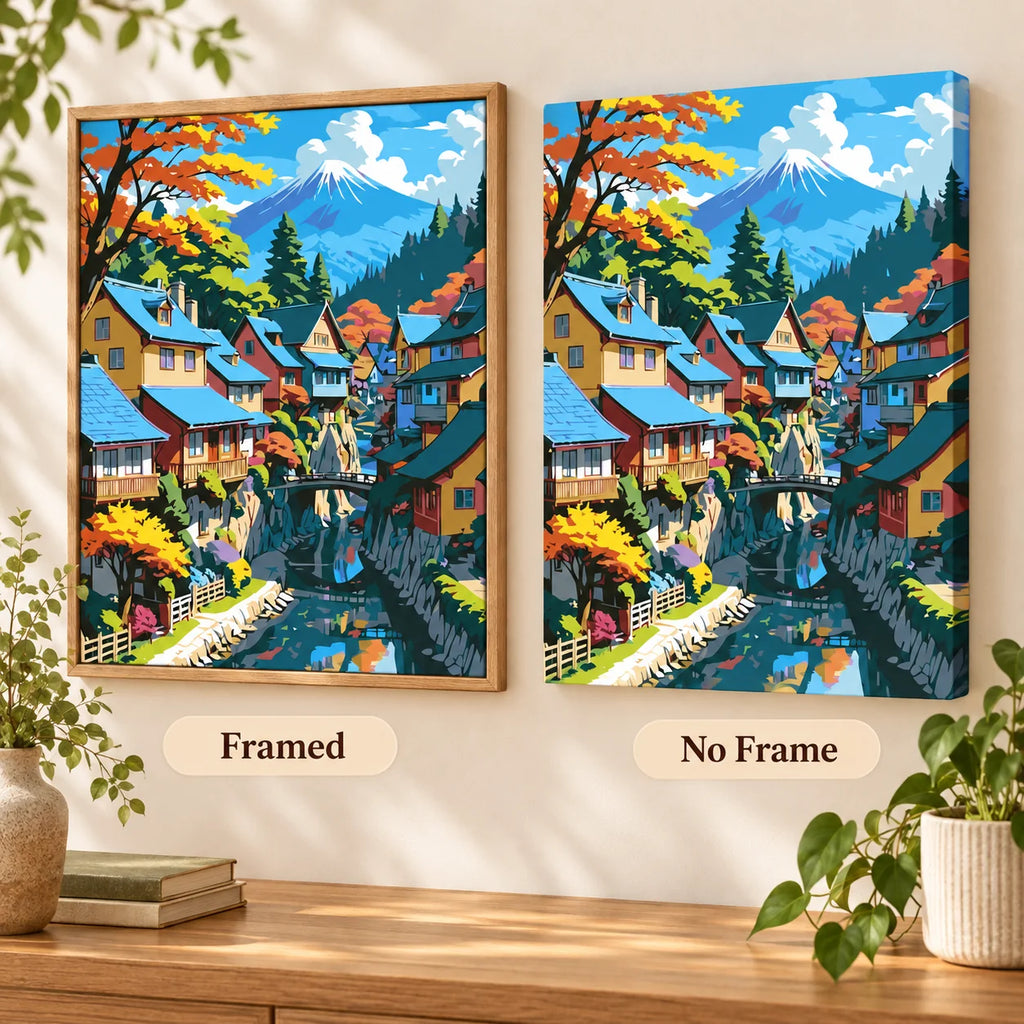 Framed and no-frame display comparison for Mountain Village Reflections Diamond Painting Kit.