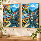 Framed and no-frame display comparison for Mountain Village Reflections Diamond Painting Kit.