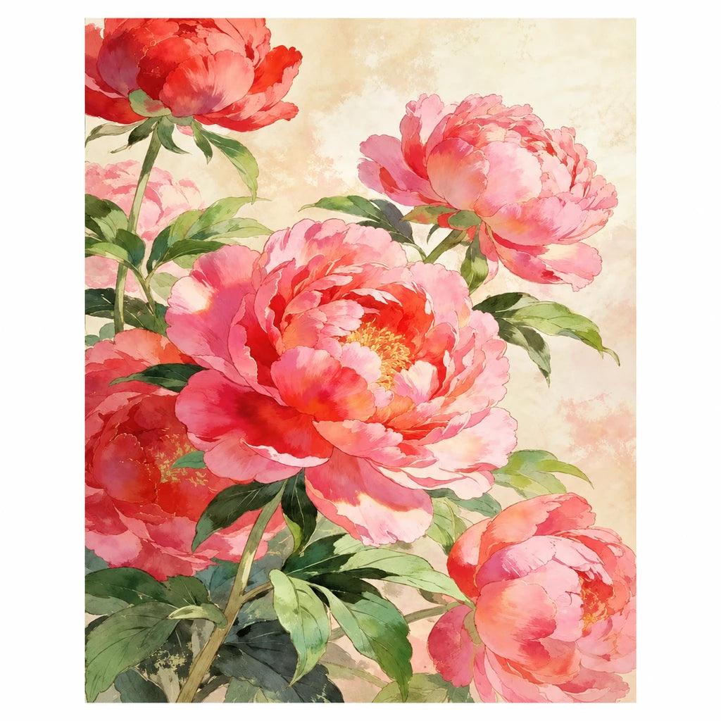 Original artwork for Multi Peony Bouquet Diamond Painting Kit, showing a lush bouquet of multiple pink and coral peonies with green foliage.