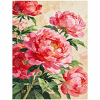 Finished diamond painting of a lush bouquet of multiple pink and coral peonies with green foliage.