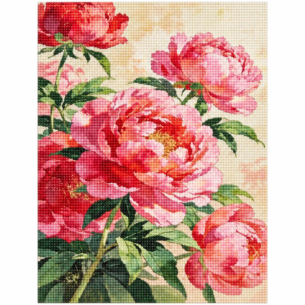 Finished diamond painting of a lush bouquet of multiple pink and coral peonies with green foliage.