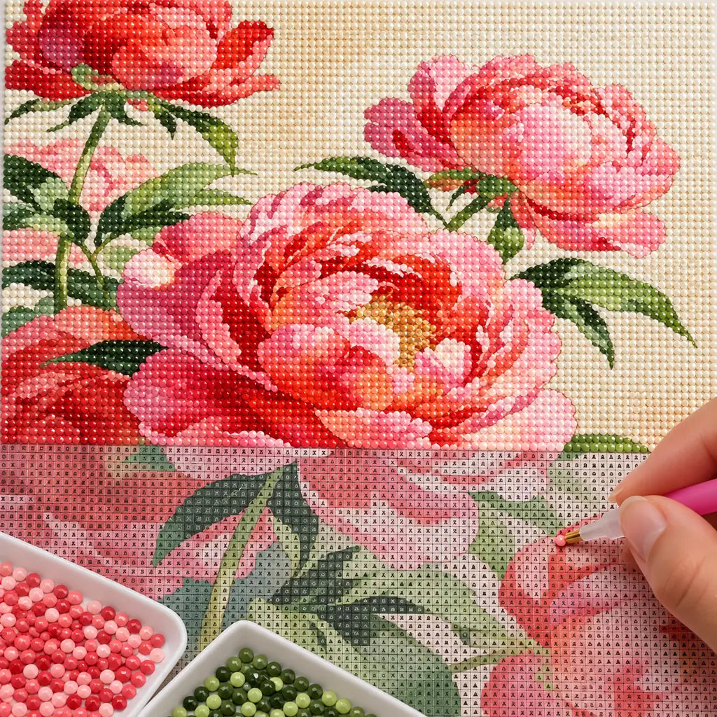 Diamond painting process for Multi Peony Bouquet Diamond Painting Kit, with drills being placed over a lush bouquet of multiple pink and coral peonies with green foliage.
