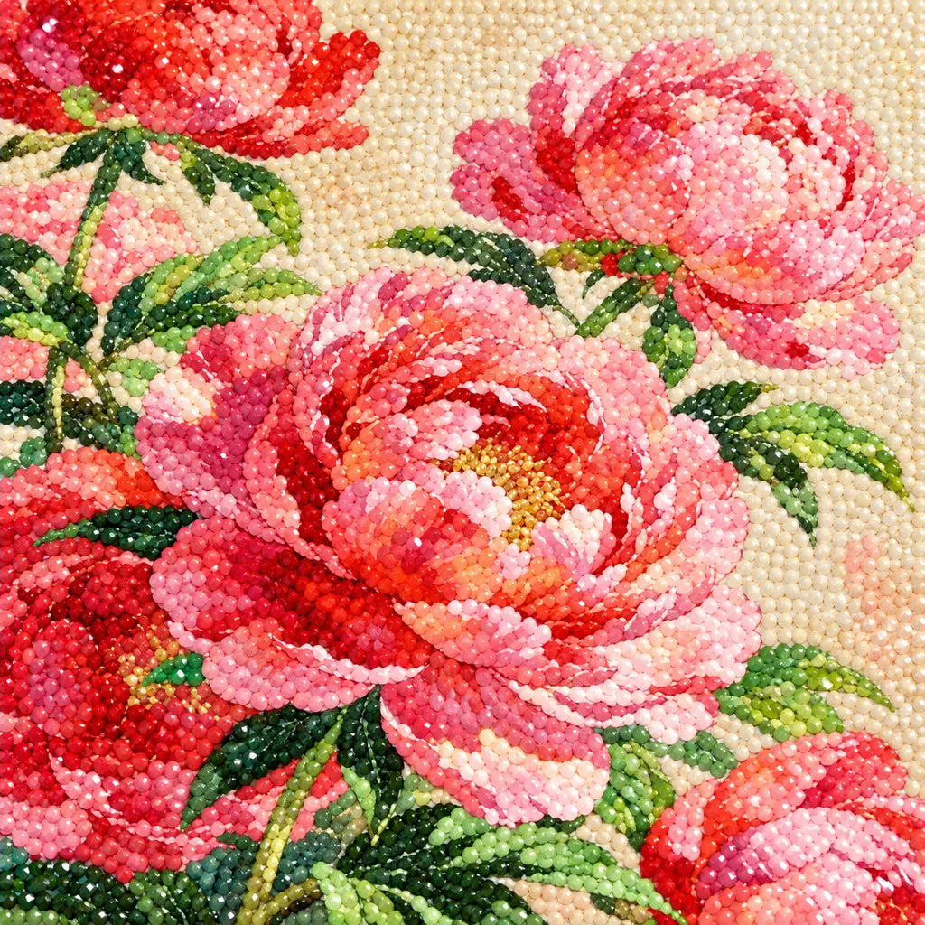 Close-up of diamond drill texture across a lush bouquet of multiple pink and coral peonies with green foliage.
