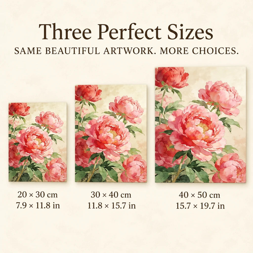 Size guide for Multi Peony Bouquet Diamond Painting Kit: 20 × 30 cm, 30 × 40 cm, and 40 × 50 cm.