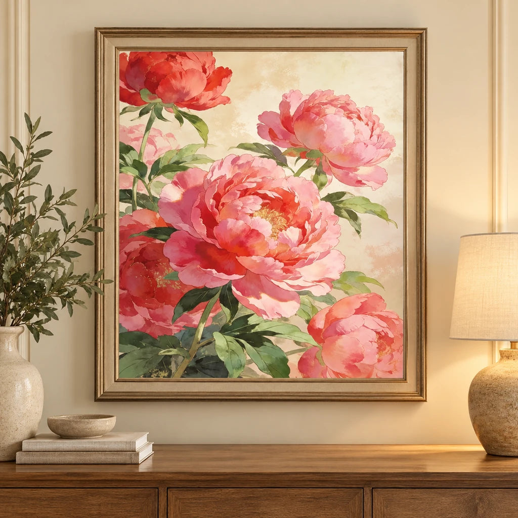 Home decor scene showing Multi Peony Bouquet Diamond Painting Kit artwork displayed on a wall.