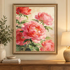 Home decor scene showing Multi Peony Bouquet Diamond Painting Kit artwork displayed on a wall.