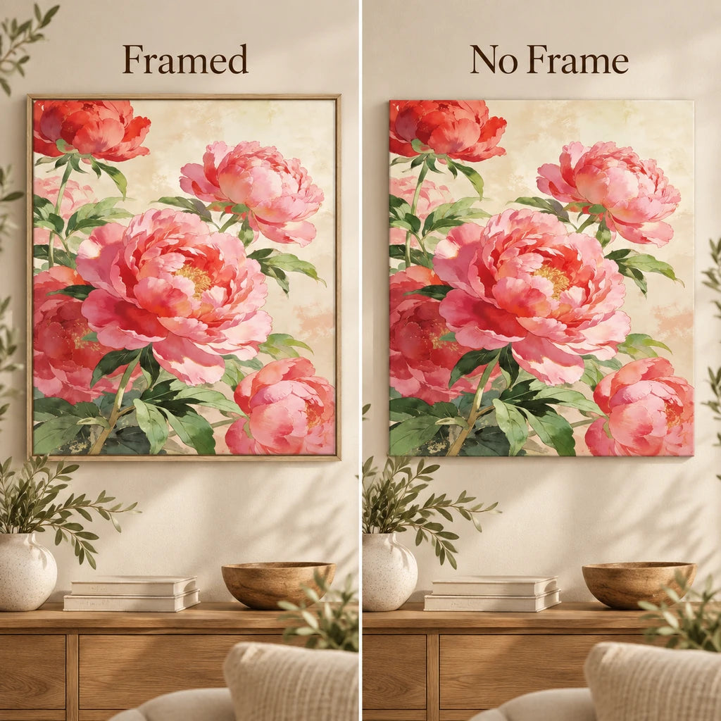 Framed and no-frame comparison for Multi Peony Bouquet Diamond Painting Kit.