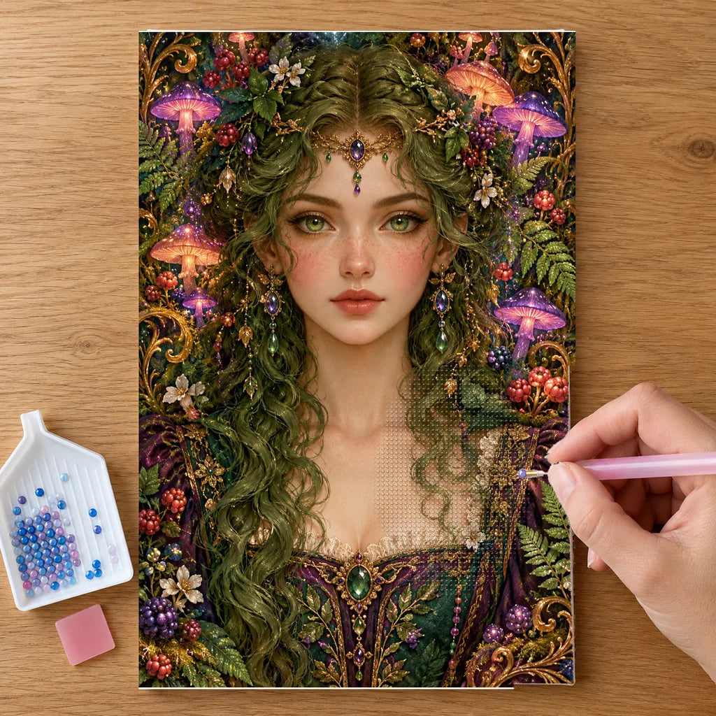 Hands placing drills on the Mushroom Forest Keeper diamond painting canvas