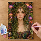 Hands placing drills on the Mushroom Forest Keeper diamond painting canvas