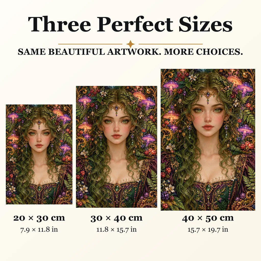 Mushroom Forest Keeper diamond painting in 20 by 30, 30 by 40, and 40 by 50 centimeter sizes