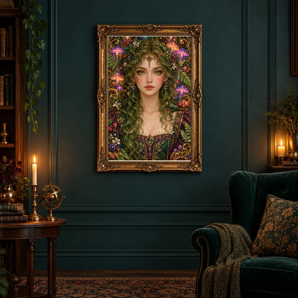 Framed Mushroom Forest Keeper diamond painting displayed in a home interior
