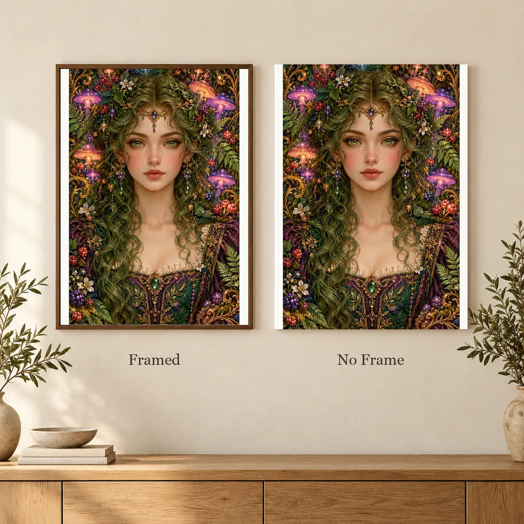 Framed and no-frame options for the Mushroom Forest Keeper diamond painting