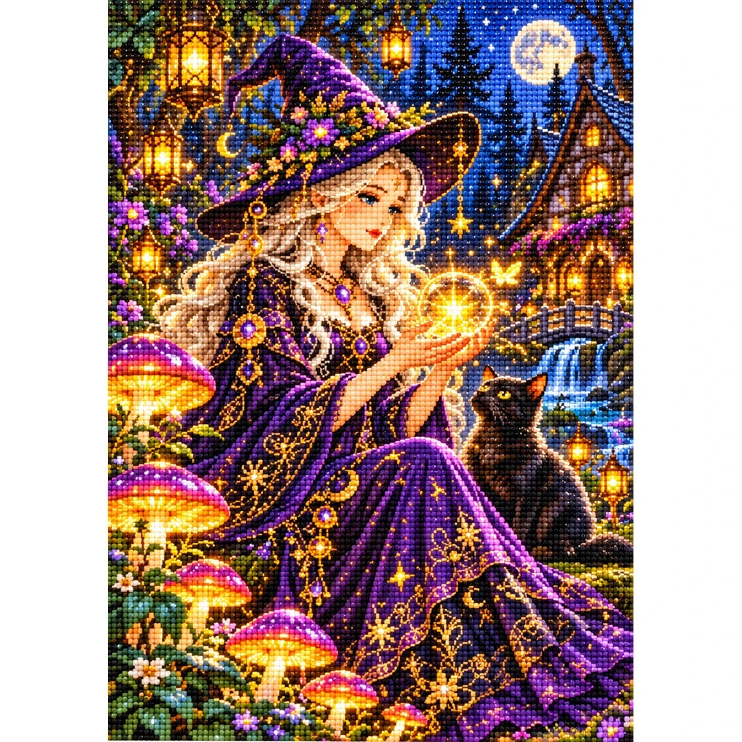 Mushroom Witch Cottage Night finished diamond painting on white
