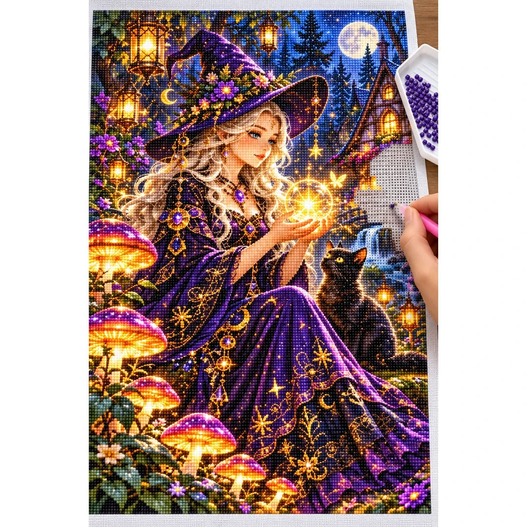 Mushroom Witch Cottage Night diamond painting process