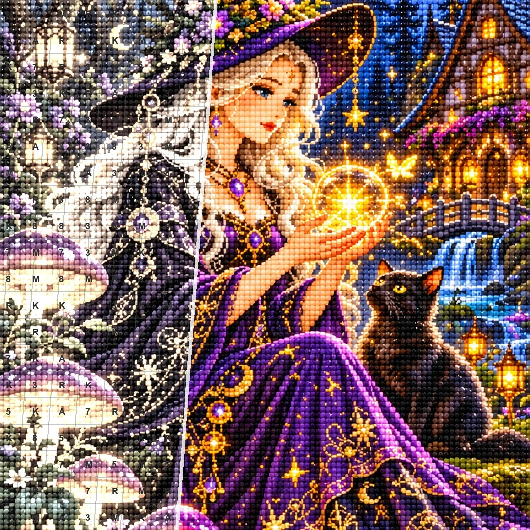 Mushroom Witch Cottage Night canvas and resin drill detail